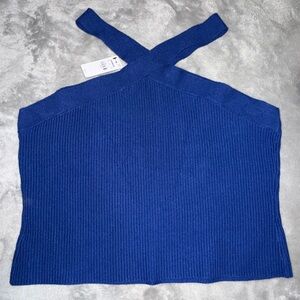 Express Ribbed Cross Halter Neck Knit Top